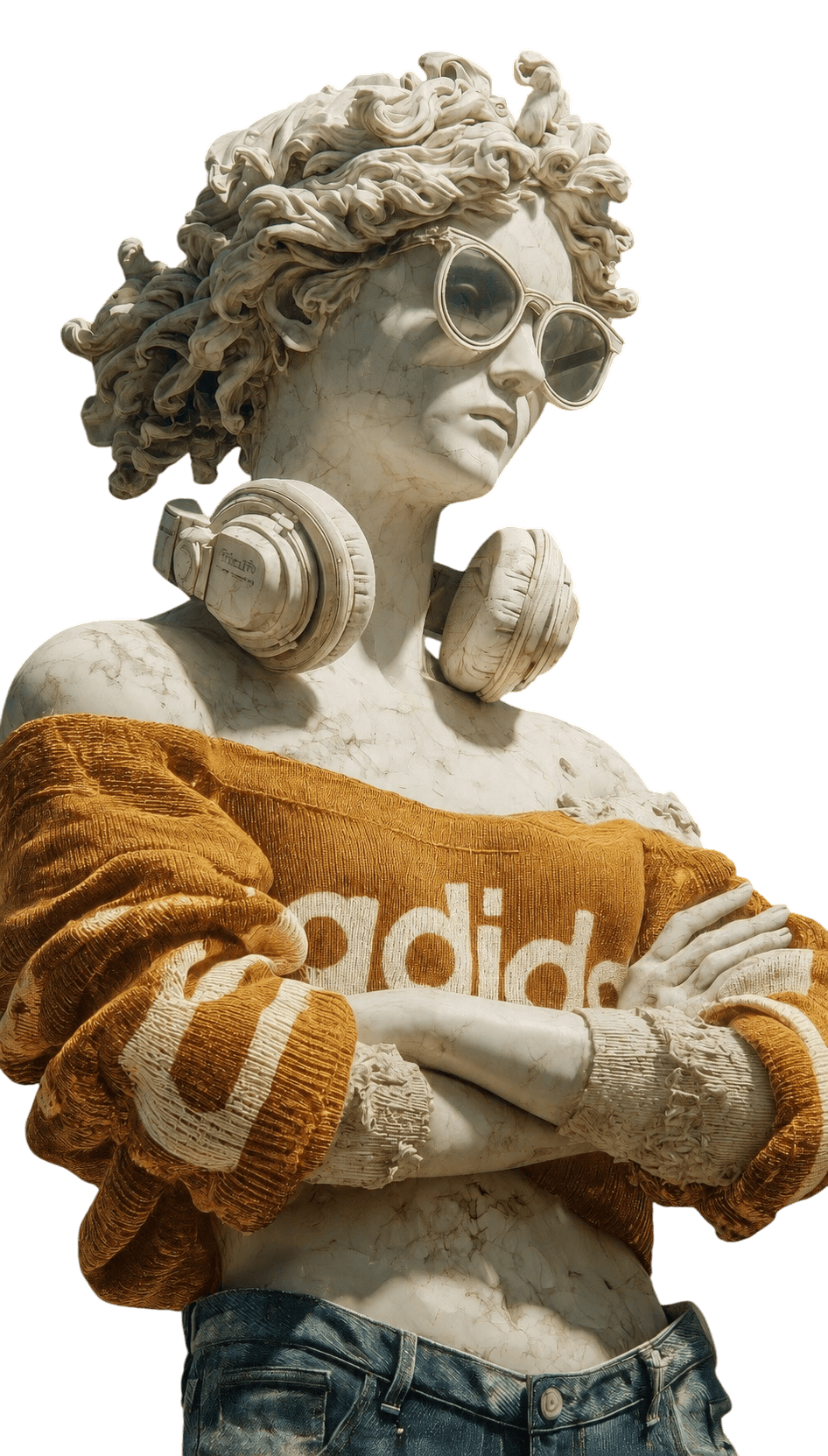 A stylized marble figure wearing sunglasses and headphones, representing modern design around Scripture.
