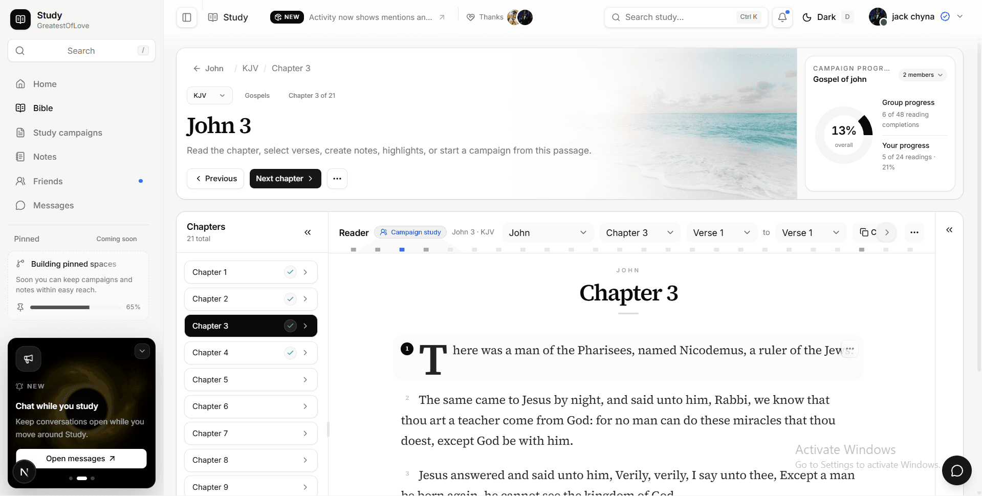 GreatestOfLove Study Bible reader showing John 3, campaign progress, chapter navigation, and collaborative study tools.